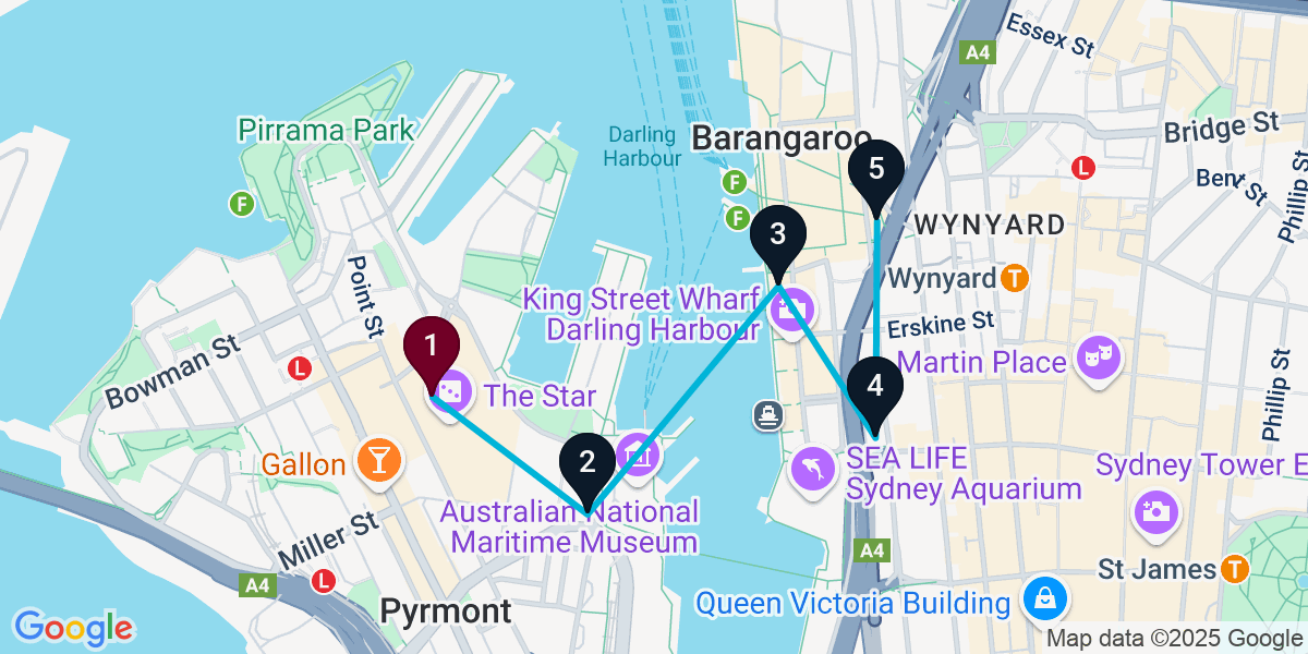 Map for Darling Harbour Seafood Pub Crawl: 5 Venues of Delicious Fun