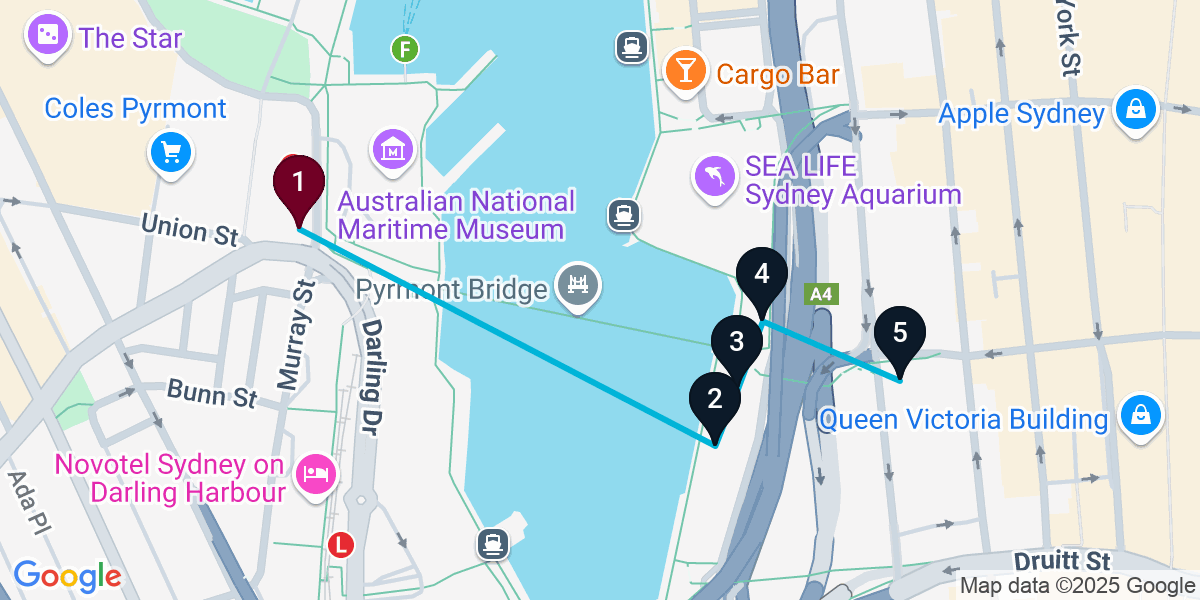 Map for Darling Harbour Pub Crawl: Craft Beer, Rooftop & Mediterranean Fare