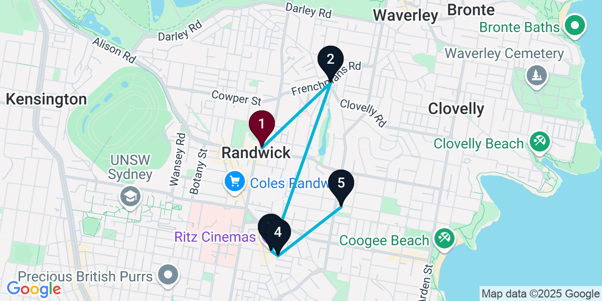 Map for Randwick General Pub Crawl: Night of Fun and Foodie Delights