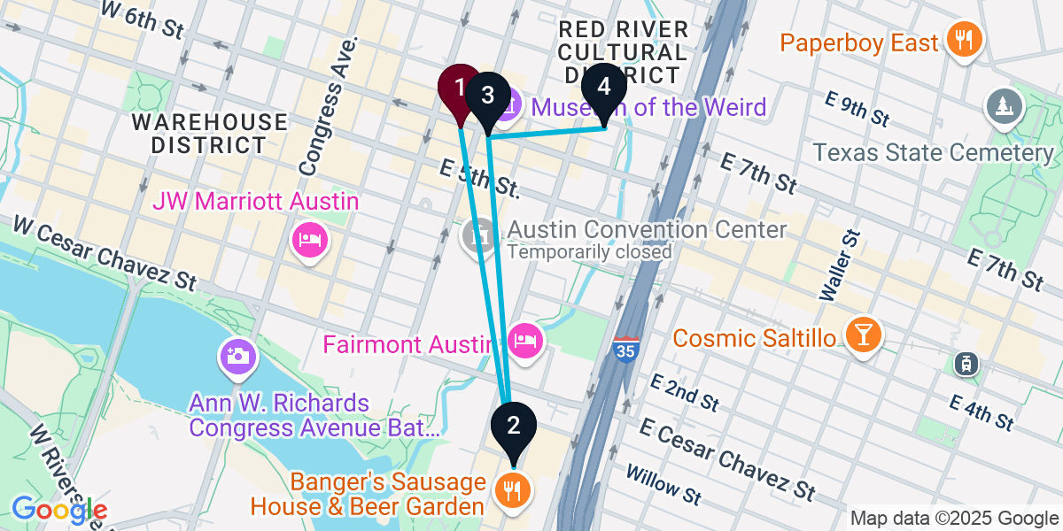 Map for 4-Stop Austin Cocktail Bar Crawl