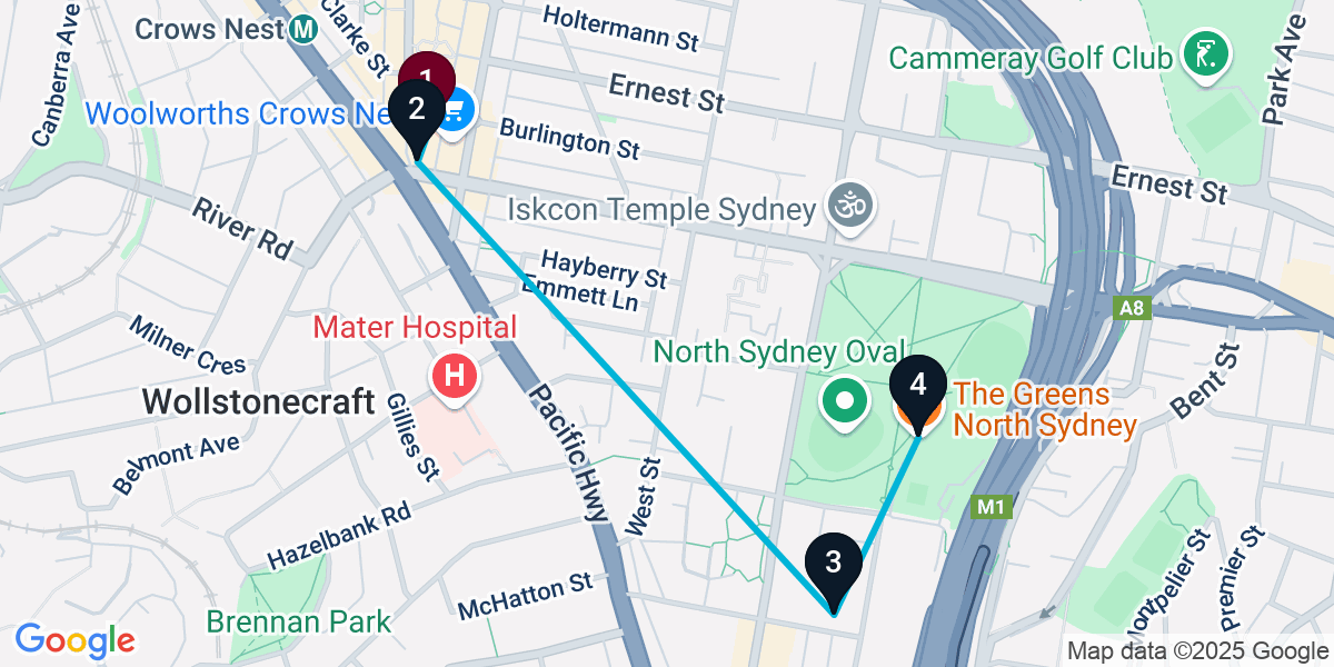 Map for 4-Stop Crows Nest Cocktail Bar Crawl