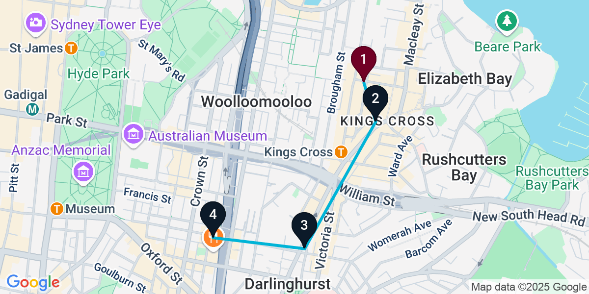 Map for 4-Stop Potts Point Rooftop Bar Crawl