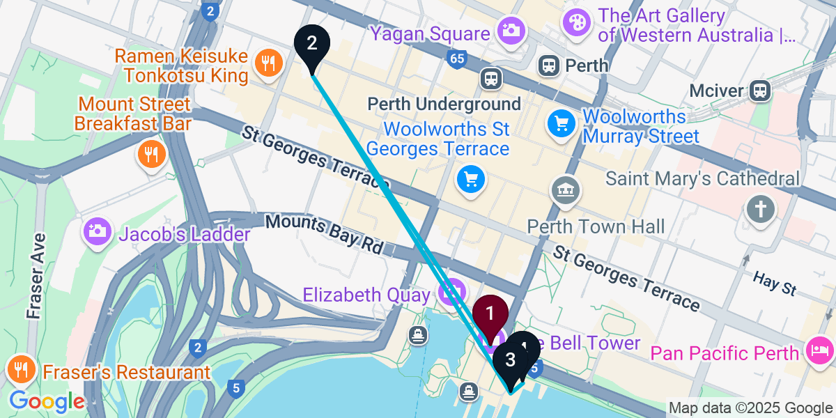 Map for 4-Stop Perth Rooftop Bar Crawl