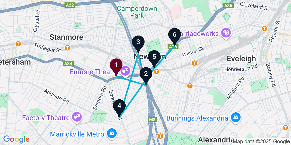 Map for 6-Stop Enmore Bar Crawl