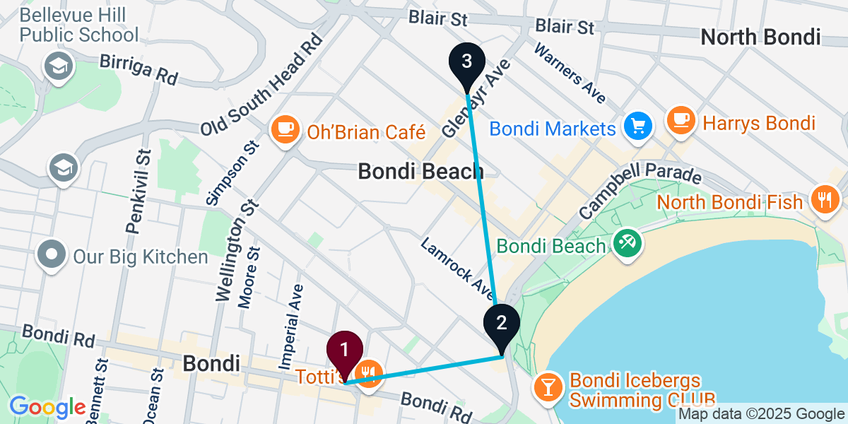 Map for 3-Stop Bondi Wine bar Bar Crawl
