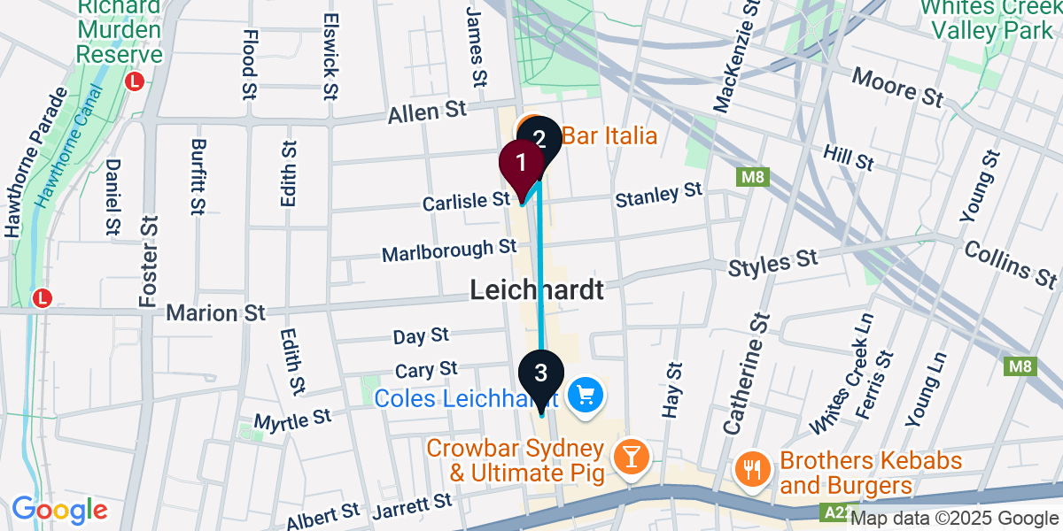Map for 3-Stop Leichhardt Bar Crawl