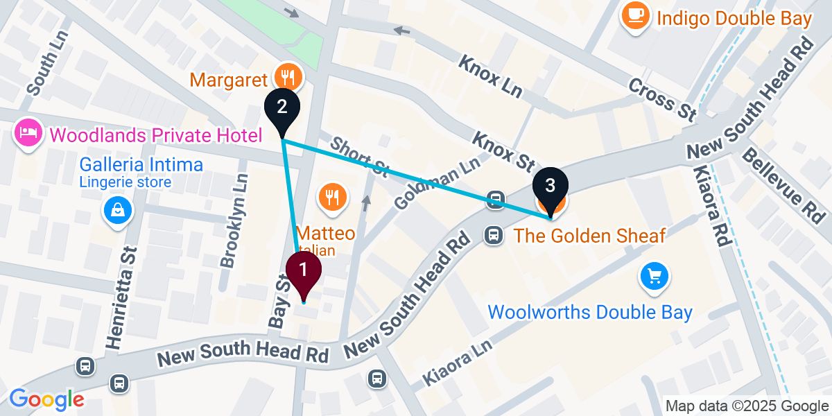 Map for 3-Stop Double Bay Pub Bar Crawl
