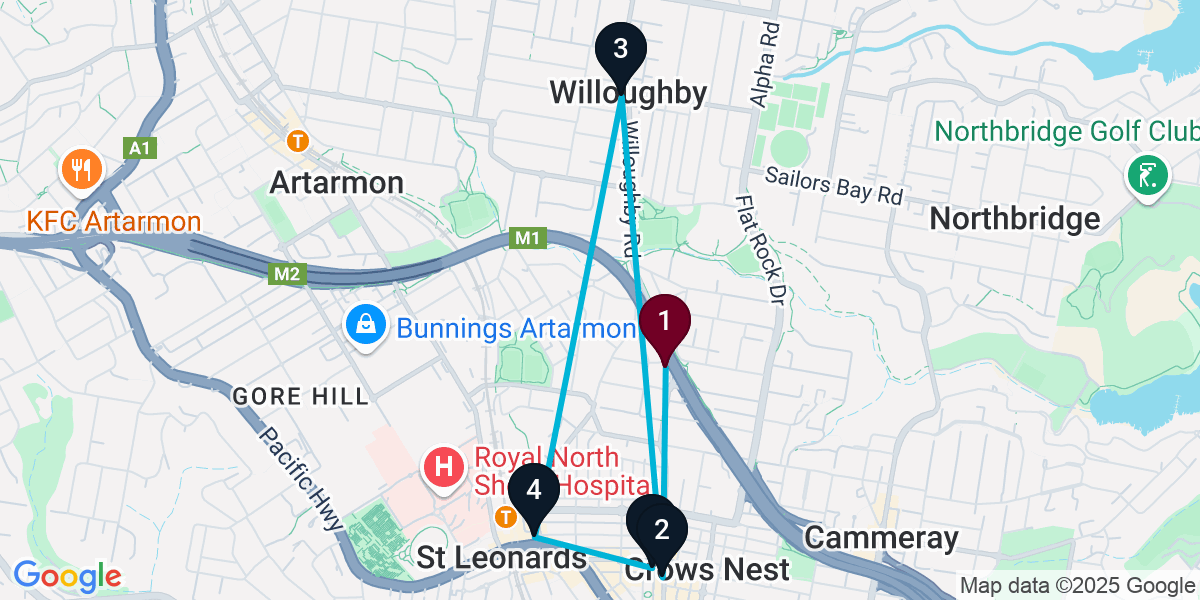 Map for 5-Stop Naremburn Cocktail Bar Crawl