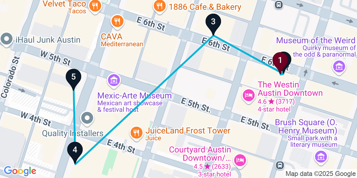 Map for 5-Stop Austin Live music Bar Crawl
