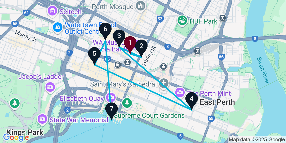 Map for 7-Stop Northbridge Nightclub Bar Crawl