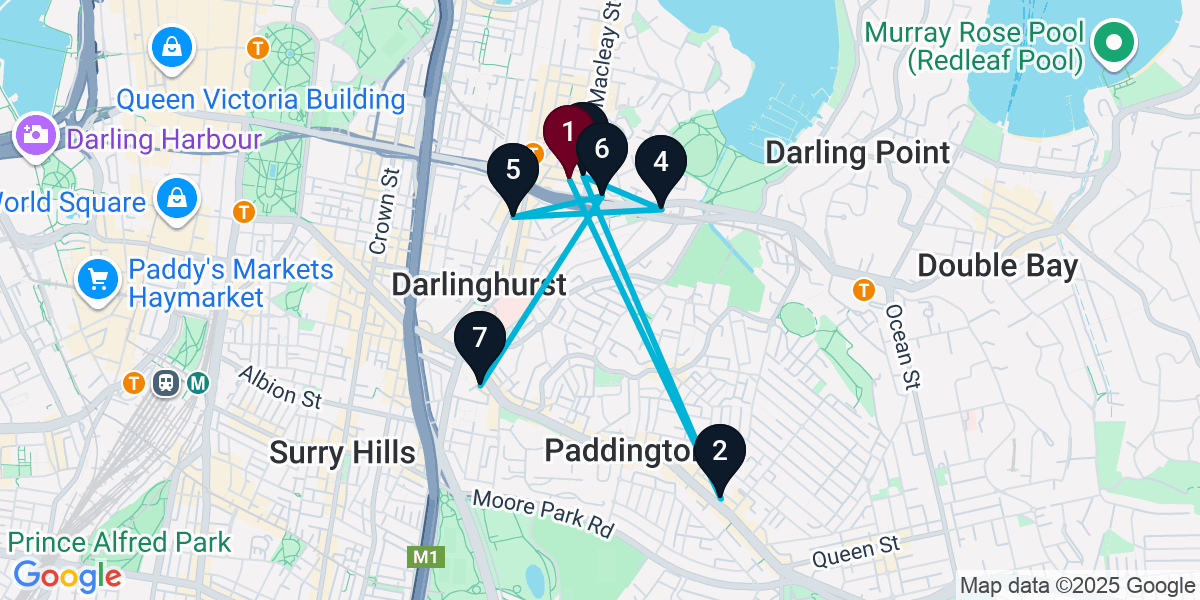 Map for 7-Stop Potts Point Wine bar Bar Crawl