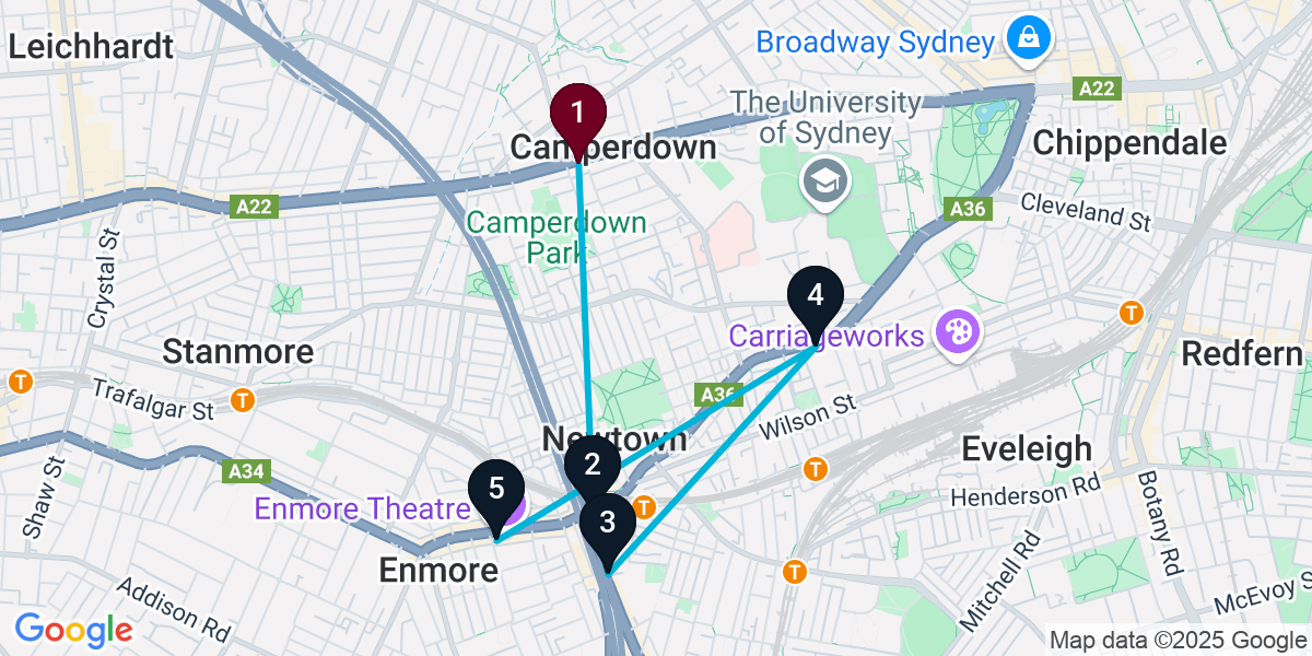 Map for 5-Stop Camperdown Bar Crawl