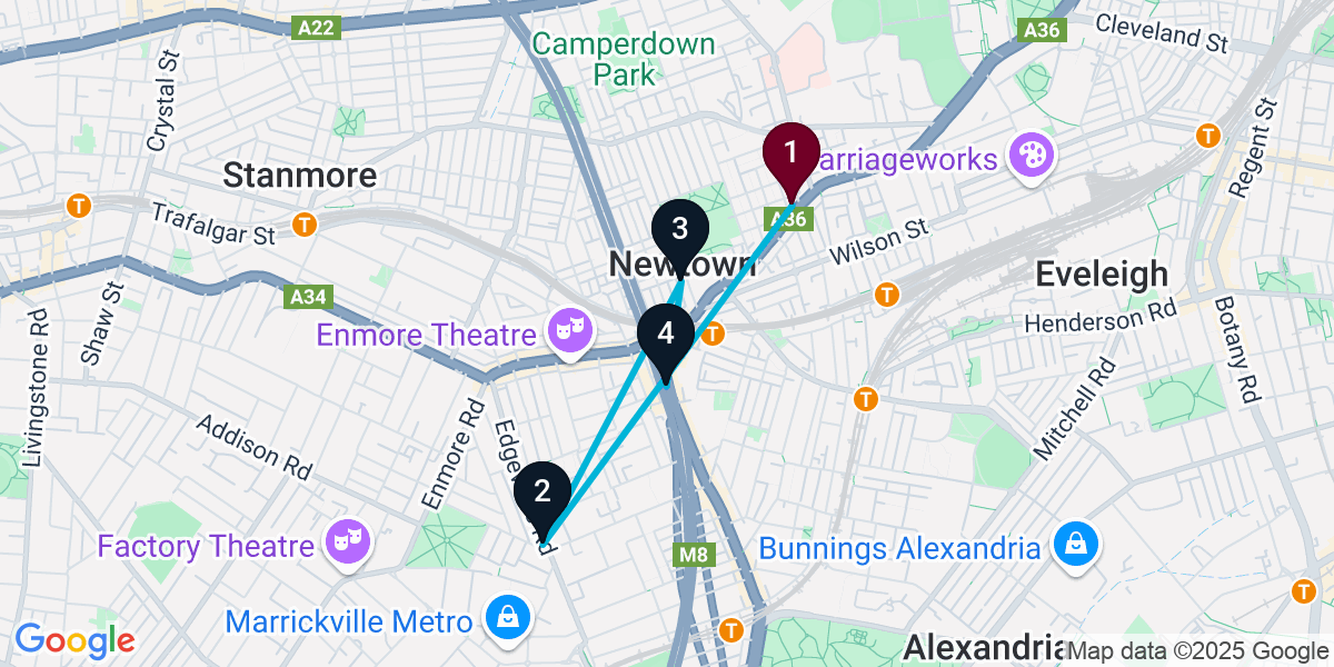 Map for 4-Stop Newtown Pub Bar Crawl