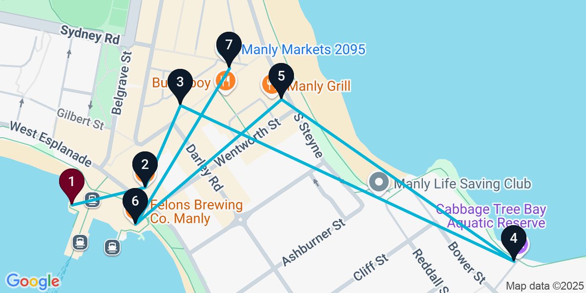 Map for 7-Stop Manly Pub Bar Crawl