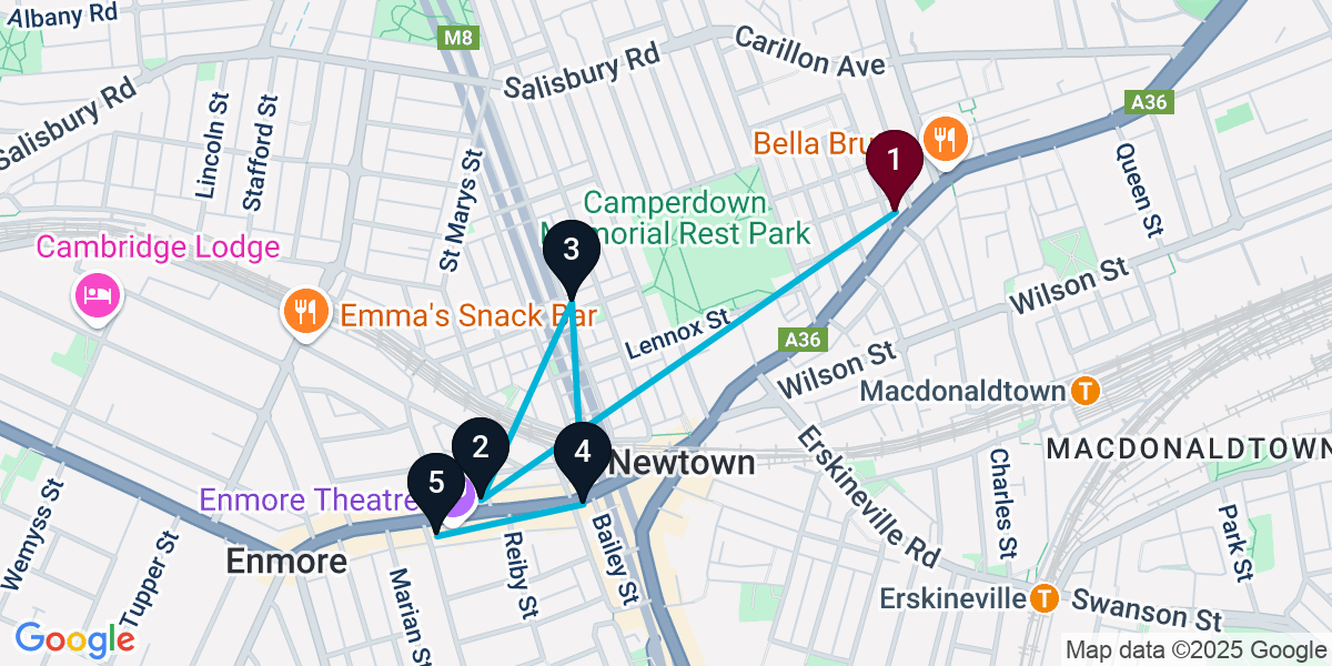 Map for 5-Stop Newtown Cocktail Bar Crawl