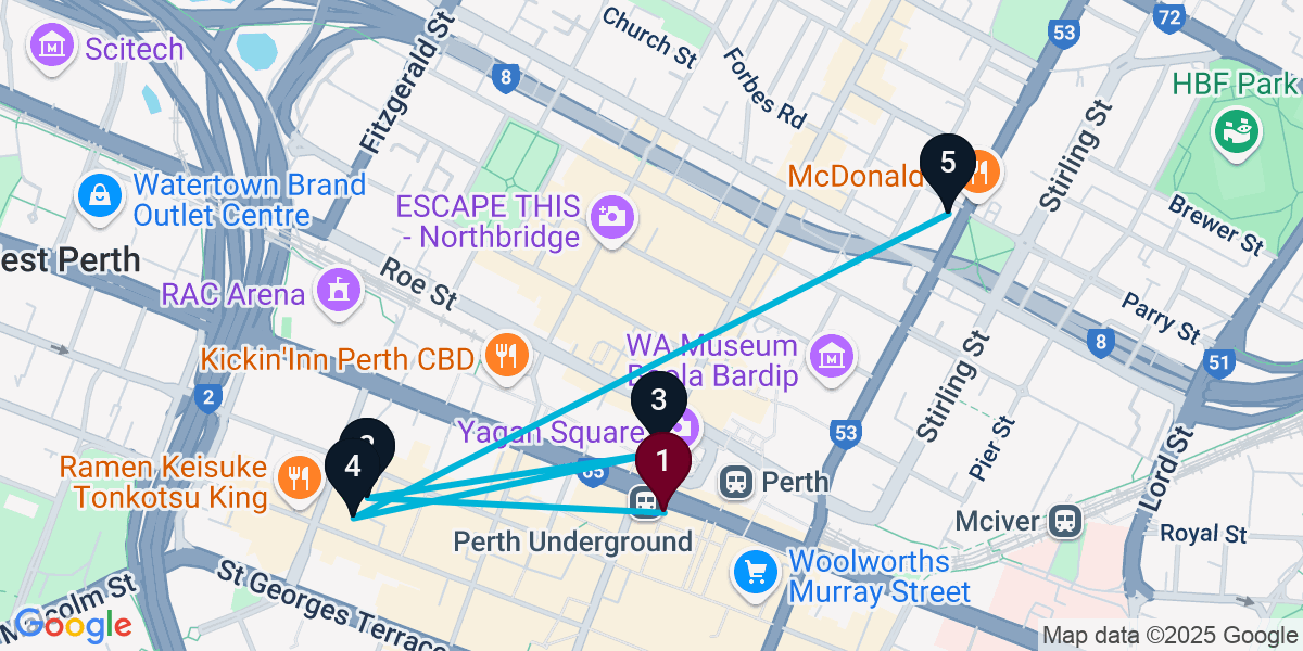 Map for 5-Stop Perth Cocktail Bar Crawl