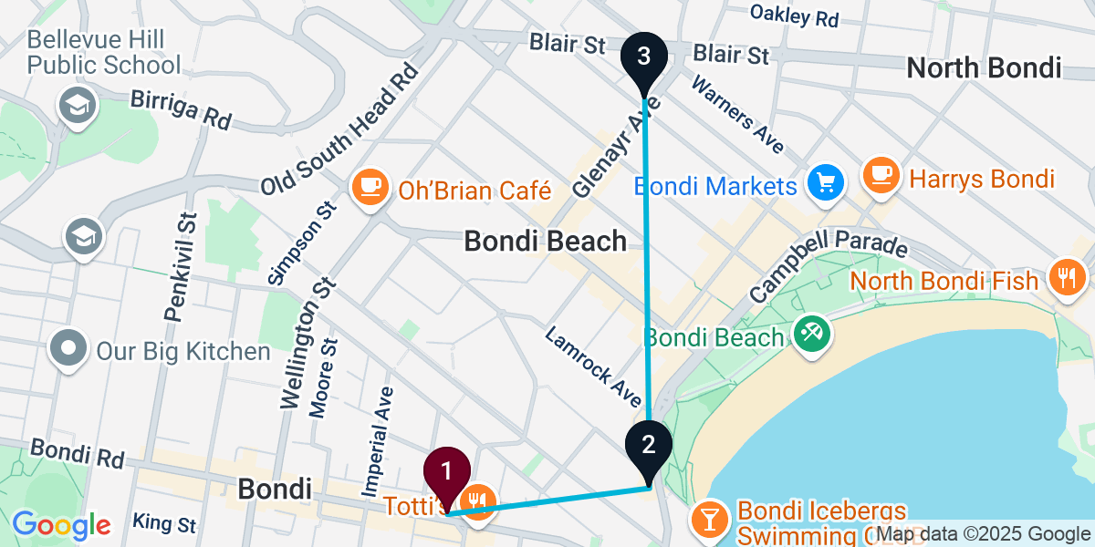 Map for 3-Stop Bondi Beach bar Bar Crawl