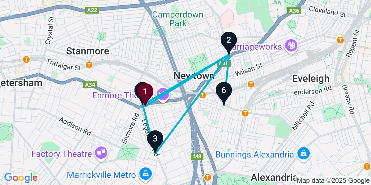 Map for 6-Stop Enmore Nightclub Bar Crawl