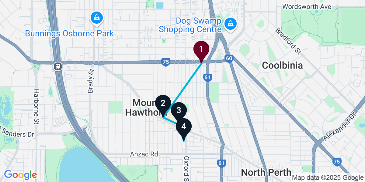 Map for 4-Stop Mount Hawthorn Cocktail Bar Crawl