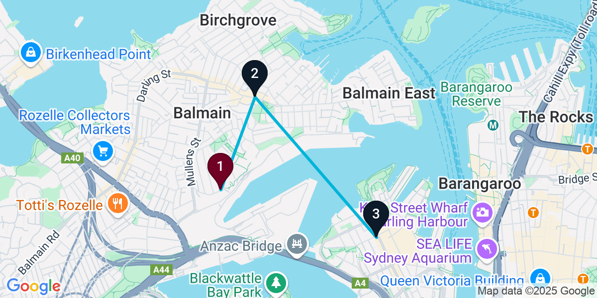 Map for 3-Stop Rozelle Pub Bar Crawl