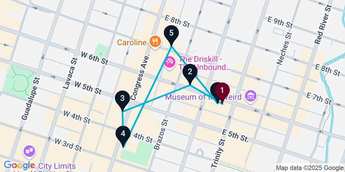 Map for 6-Stop Austin Bar Crawl