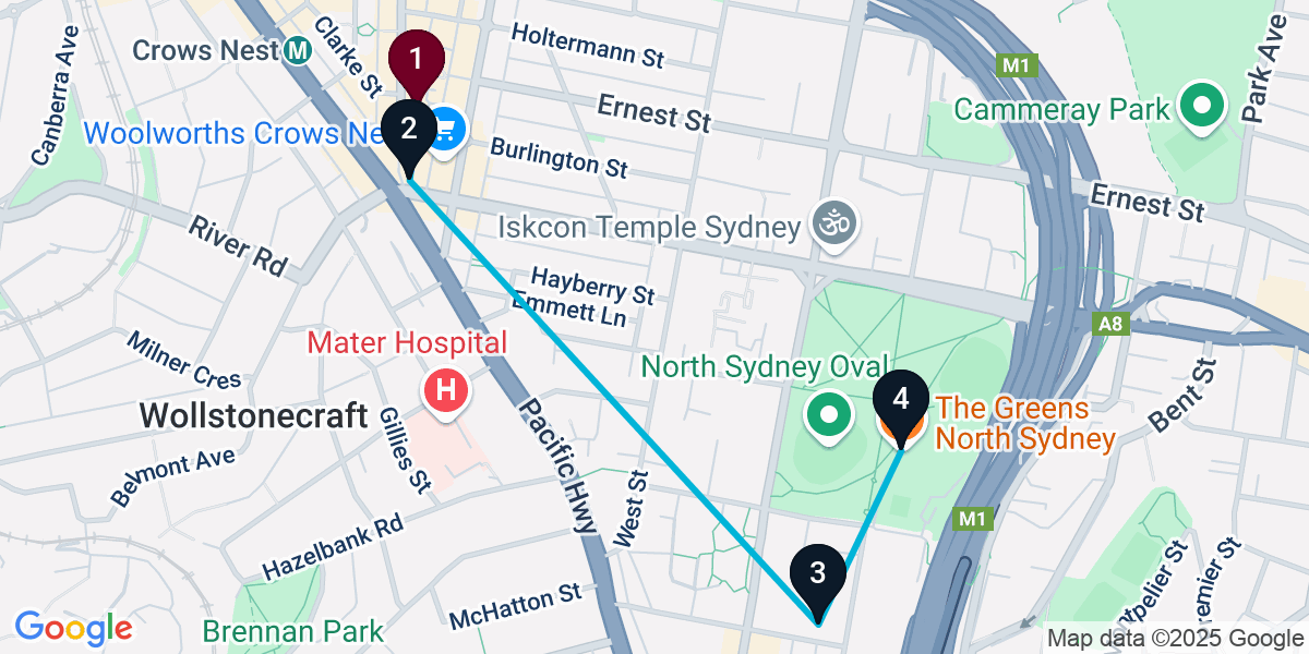 Map for 4-Stop Crows Nest Cocktail Bar Crawl
