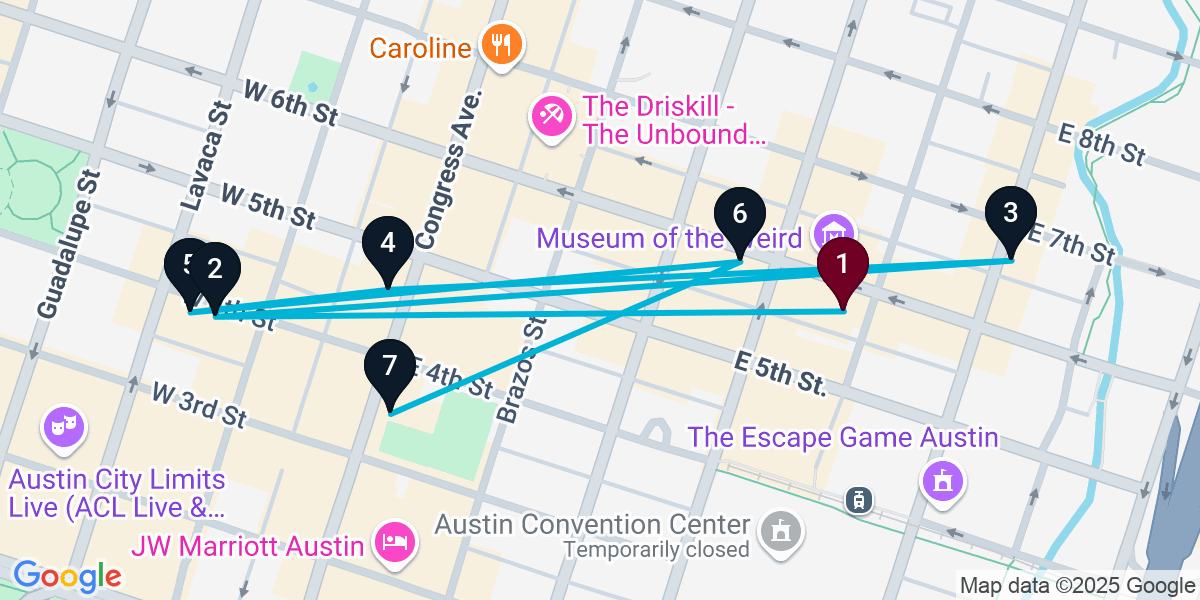 Map for 7-Stop Austin Nightclub Bar Crawl
