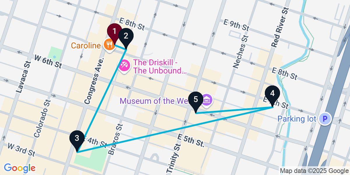 Map for 5-Stop Austin Wine bar Bar Crawl