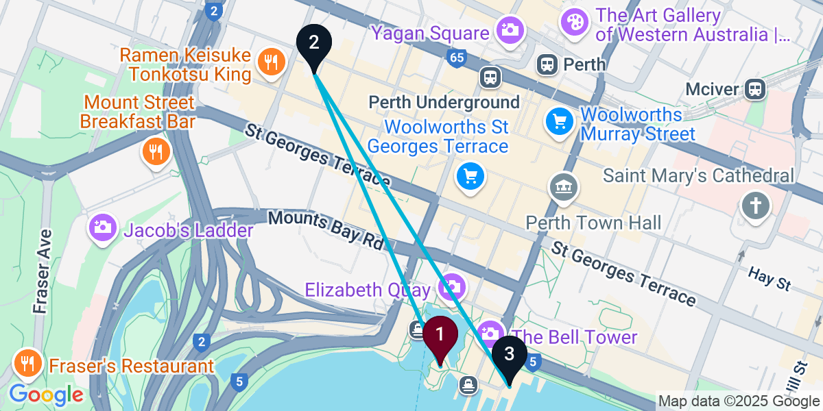 Map for 3-Stop Perth Rooftop Bar Crawl
