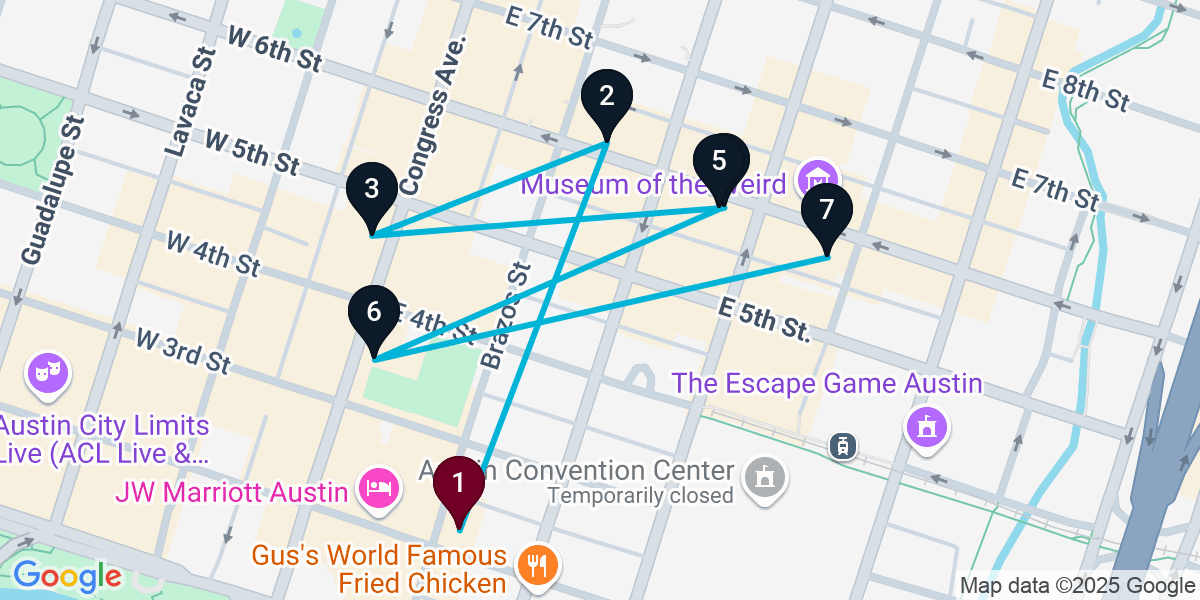 Map for 7-Stop Austin Live music Bar Crawl