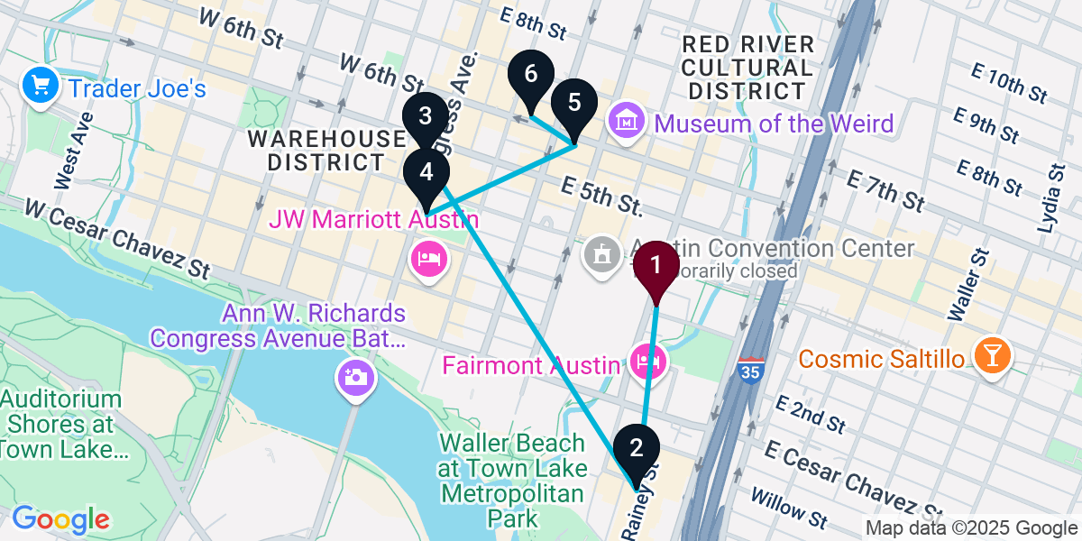 Map for 6-Stop Austin Bar Crawl