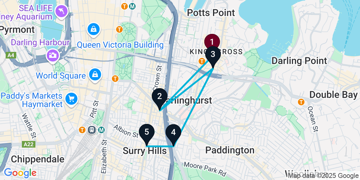 Map for 5-Stop Potts Point Rooftop Bar Crawl