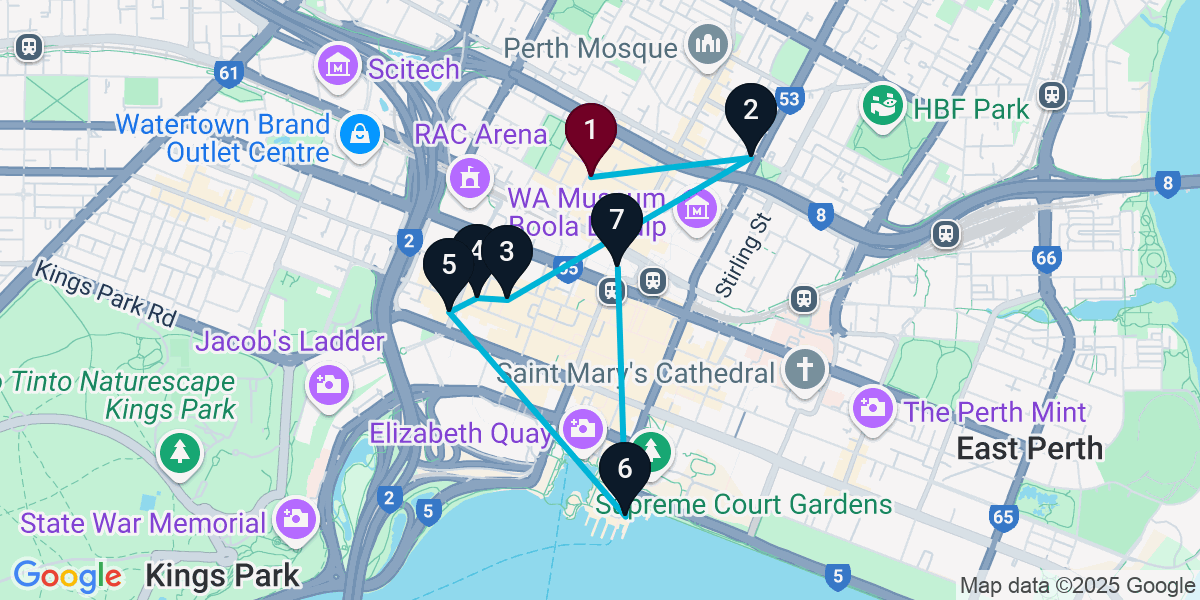 Map for 7-Stop Northbridge Bar Crawl