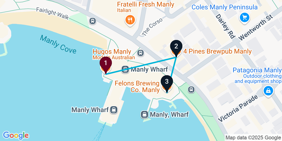 Map for 3-Stop Manly Brewery Bar Crawl
