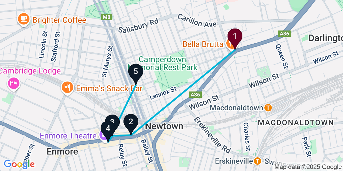 Map for 5-Stop Newtown Bar Crawl