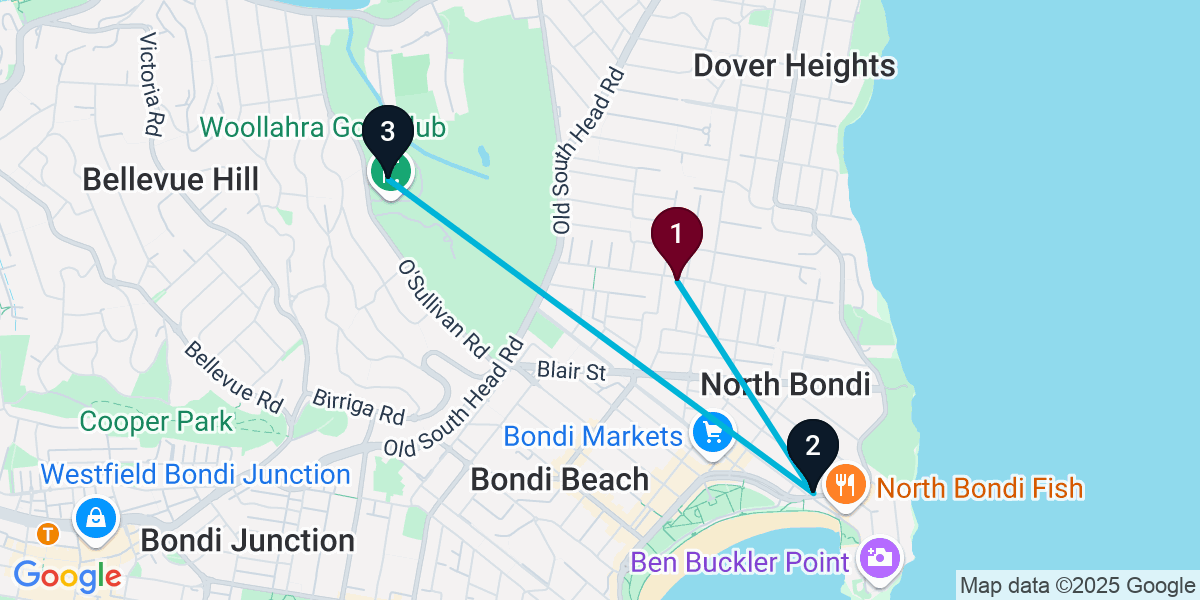 Map for 3-Stop Bondi Bar Crawl