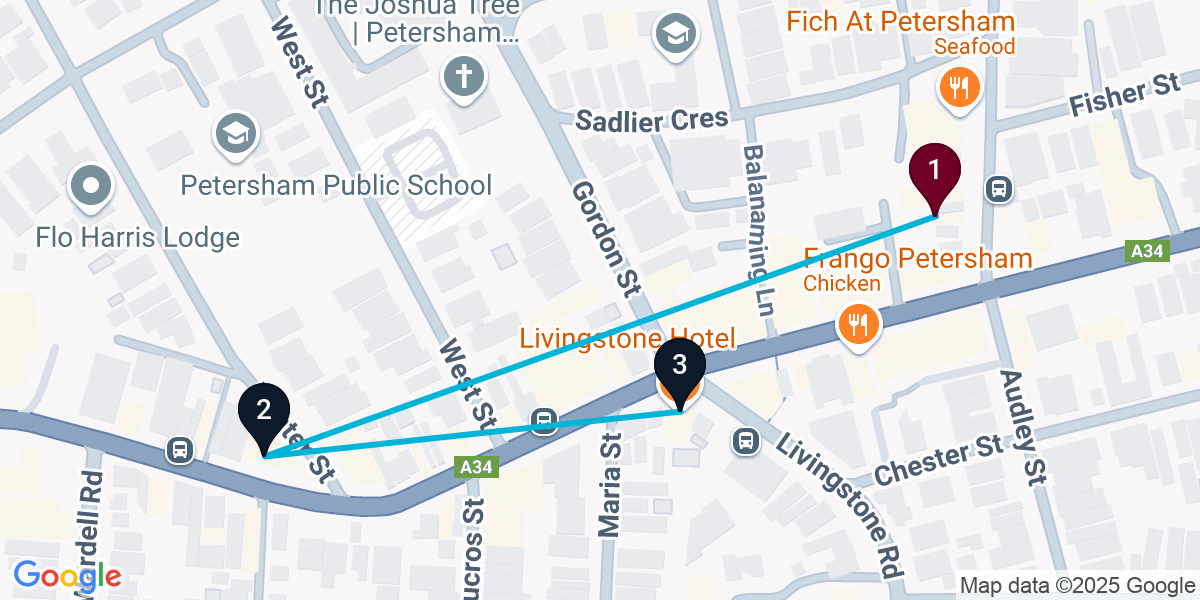 Map for 3-Stop Petersham Pub Bar Crawl
