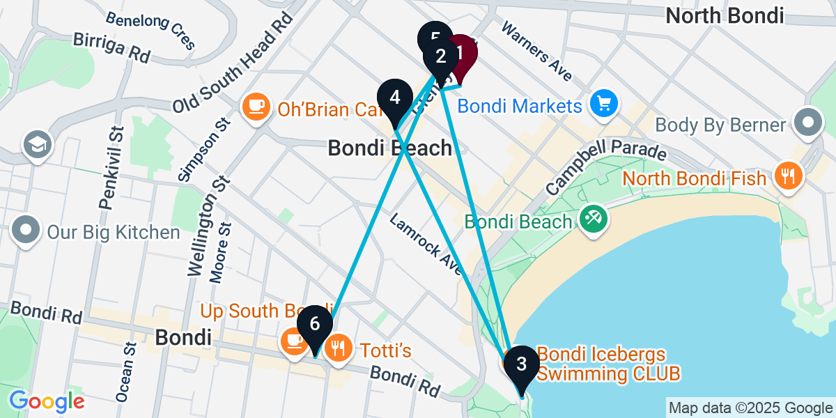 Map for 6-Stop Bondi Beach Cocktail Bar Crawl