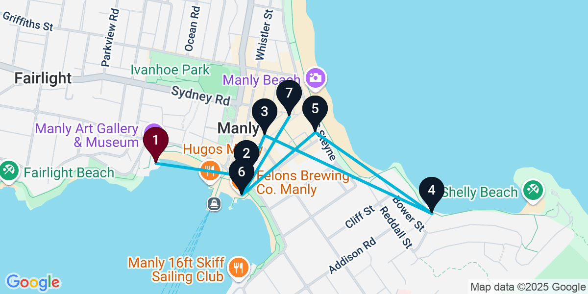 Map for 7-Stop Manly Pub Bar Crawl