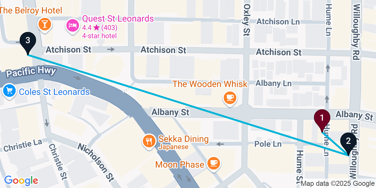 Map for 3-Stop Crows Nest Cocktail Bar Crawl