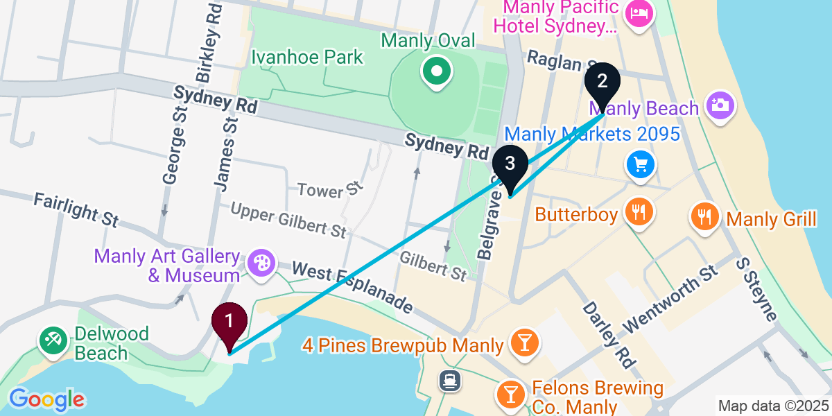 Map for 3-Stop Manly Speakeasy Bar Crawl