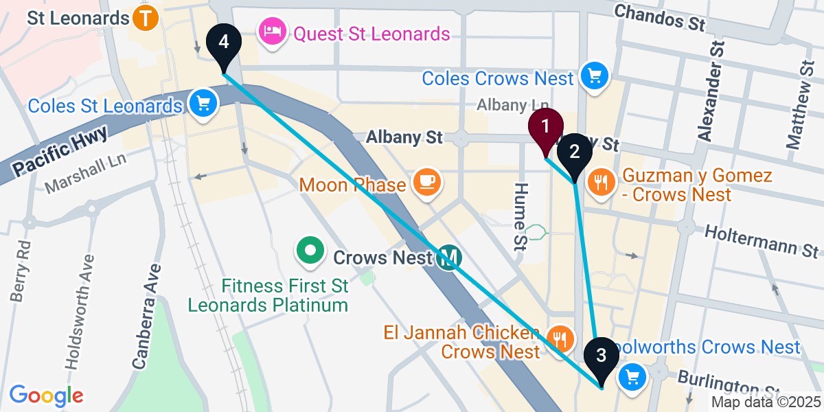 Map for 4-Stop Crows Nest Bar Crawl
