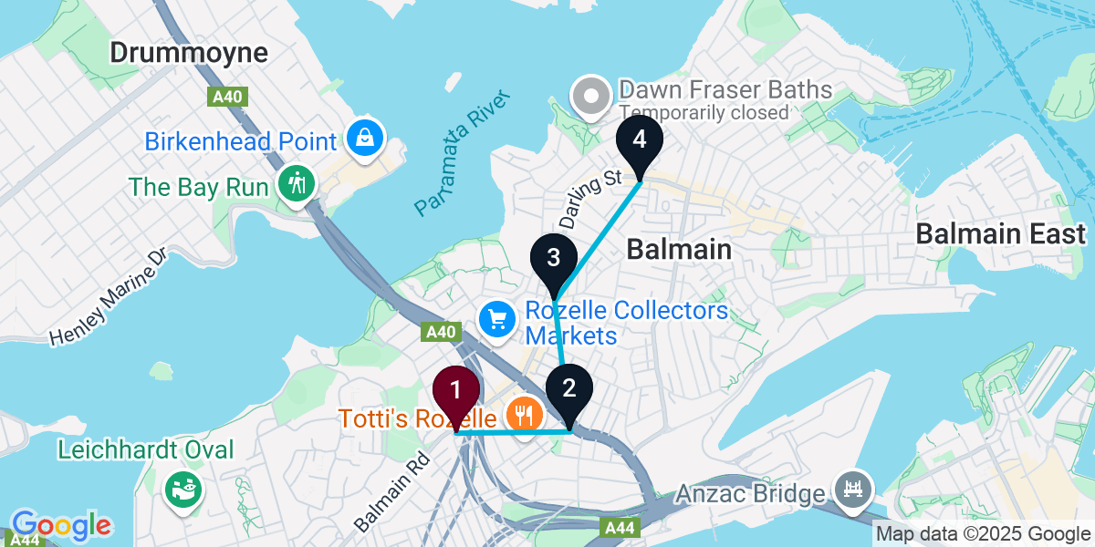 Map for 4-Stop Rozelle Bar Crawl