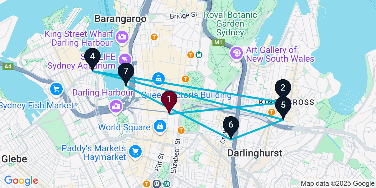 Map for 7-Stop Sydney Rooftop Bar Crawl