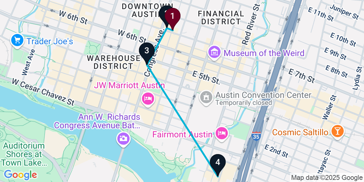 Map for 4-Stop Austin Rooftop Bar Crawl