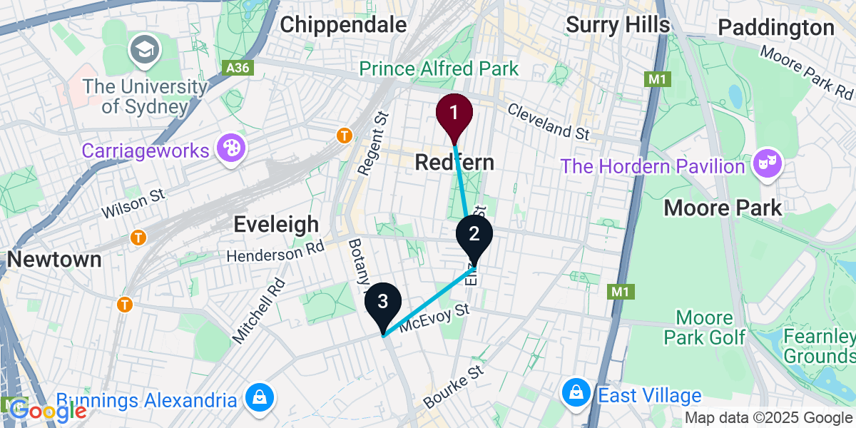 Map for 3-Stop Redfern Pub Bar Crawl