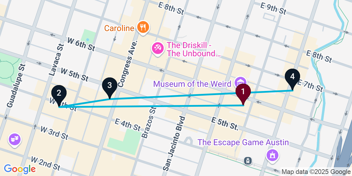 Map for 4-Stop Austin Nightclub Bar Crawl