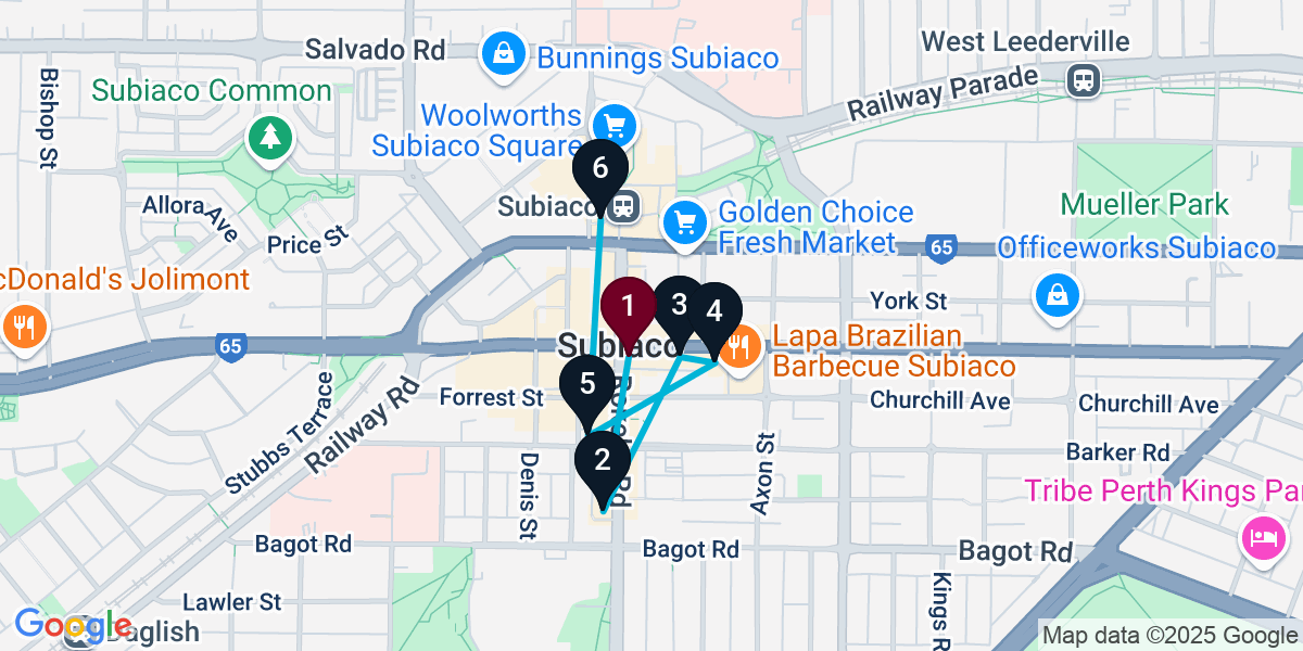 Map for 6-Stop Subiaco Bar Crawl