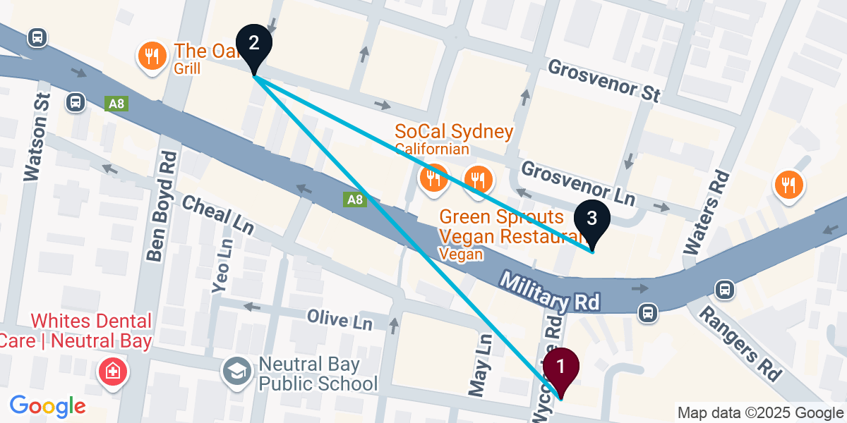 Map for 3-Stop Neutral Bay Wine bar Bar Crawl