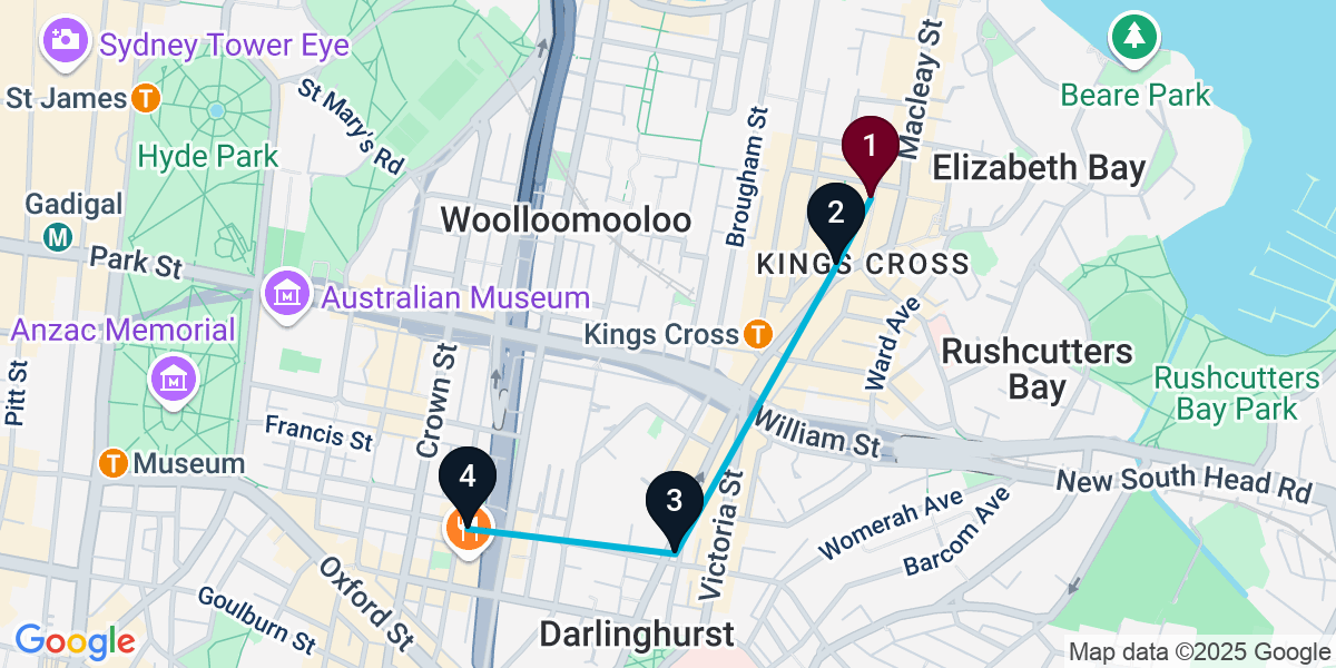Map for 4-Stop Potts Point Rooftop Bar Crawl
